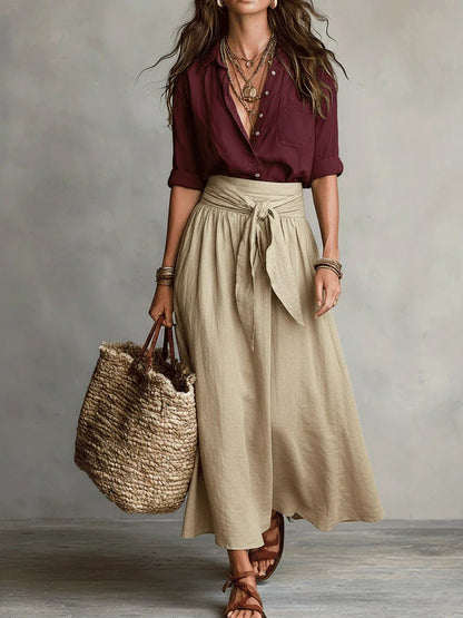 Maylène | Ensemble Élégant Deux Pièces : Chemise et Jupe Midi