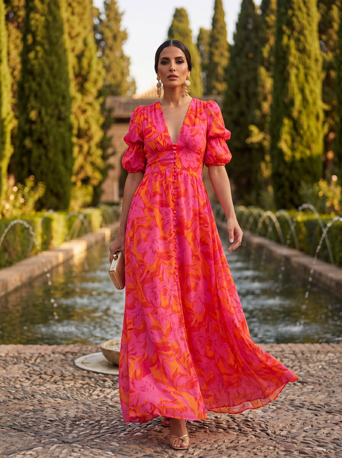 Olivia | Robe Longue Fleurie à Manches Ballon et Décolleté en V