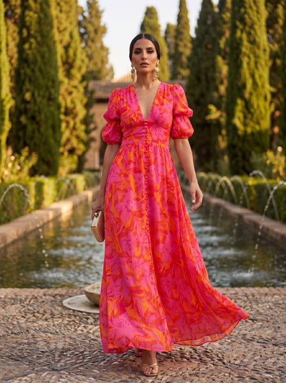 Olivia | Robe Longue Fleurie à Manches Ballon et Décolleté en V