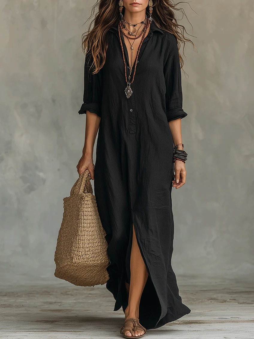 Alexia | Robe longue noire douce à boutons