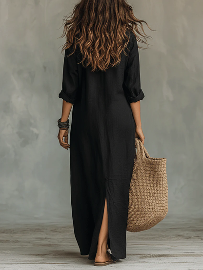 Alexia | Robe longue noire douce à boutons