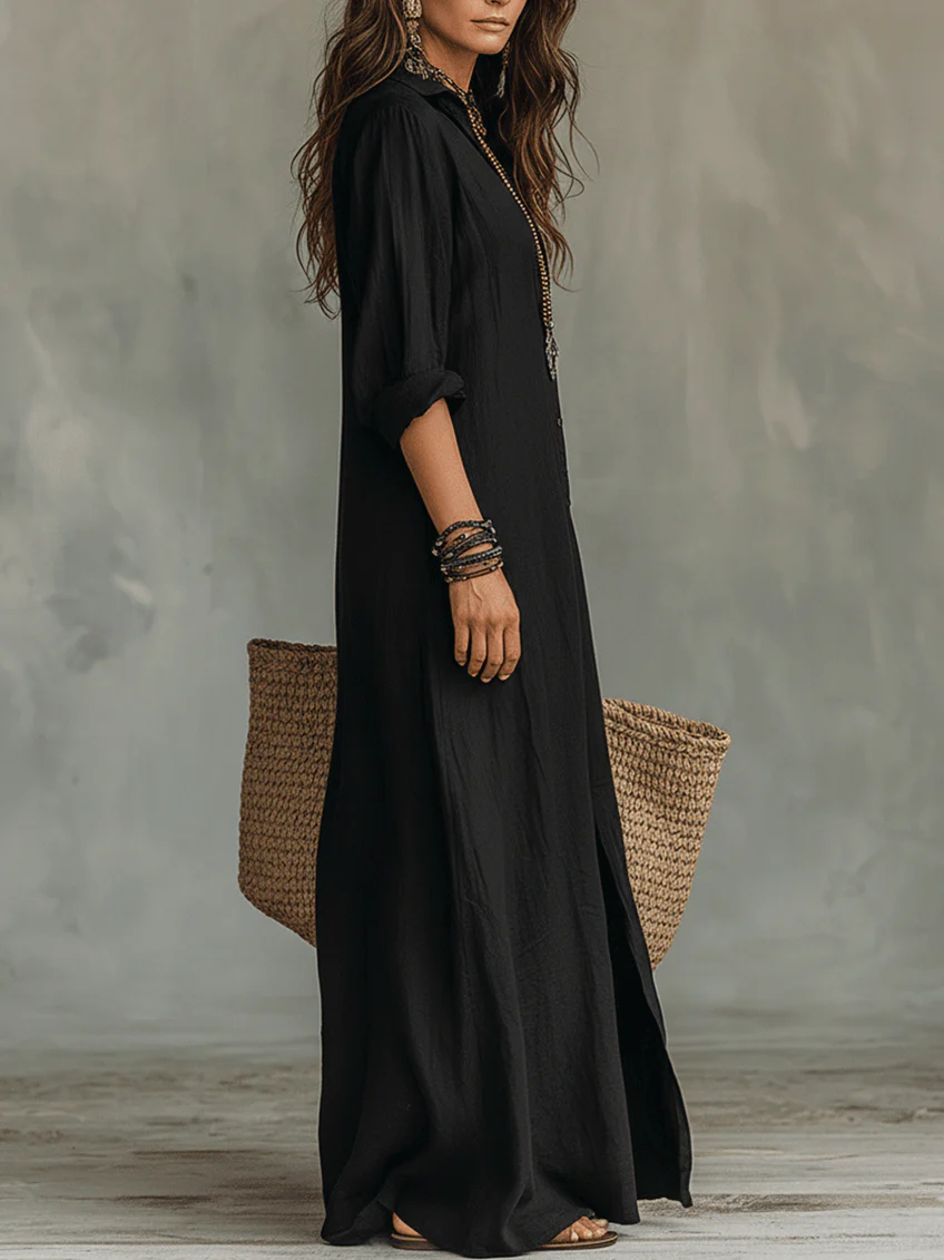 Alexia | Robe longue noire douce à boutons