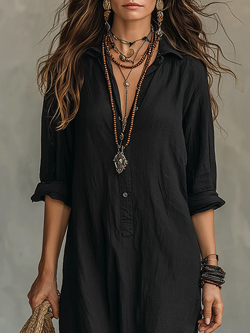 Alexia | Robe longue noire douce à boutons