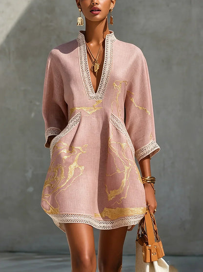 Fortuna | Robe Courte Noire à Motifs Marbrés Dorés & Finitions Crochet