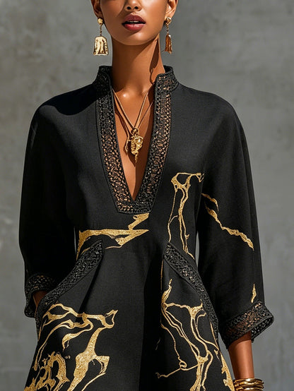Fortuna | Robe Courte Noire à Motifs Marbrés Dorés & Finitions Crochet
