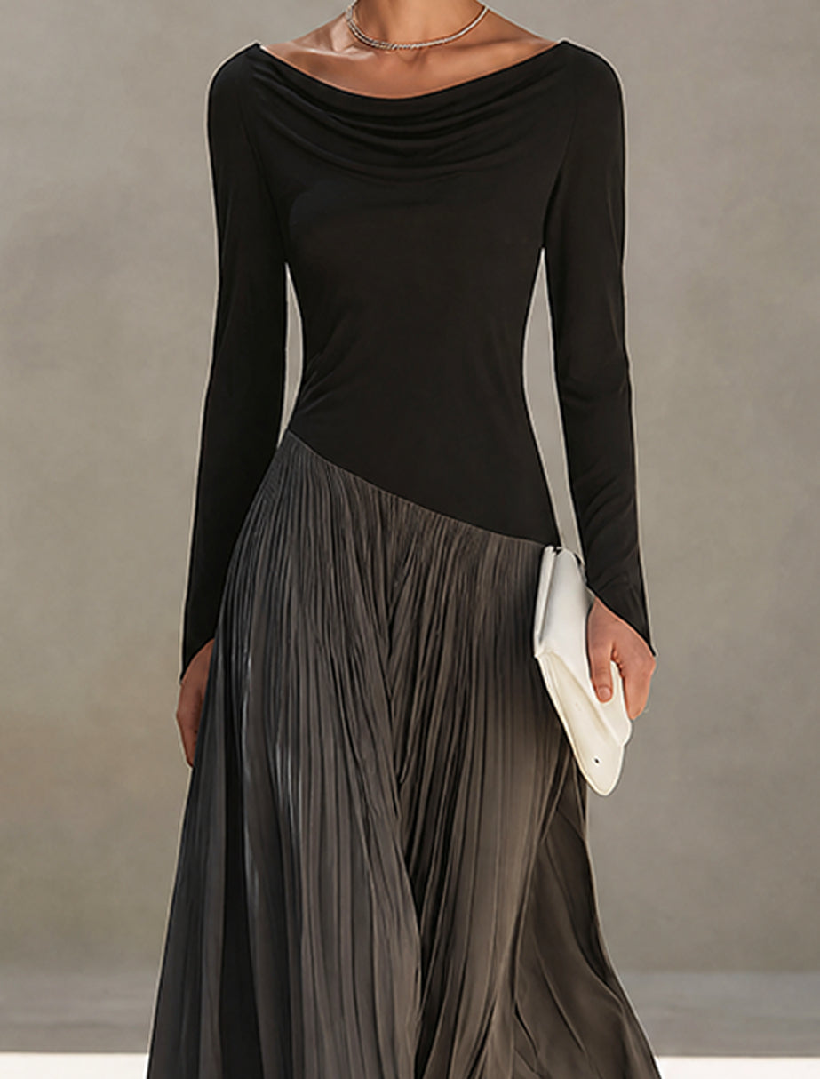 Franca | Robe Longue Plissée Bicolore à Col Drapé Bardot