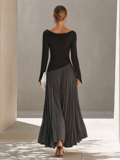 Franca | Robe Longue Plissée Bicolore à Col Drapé Bardot
