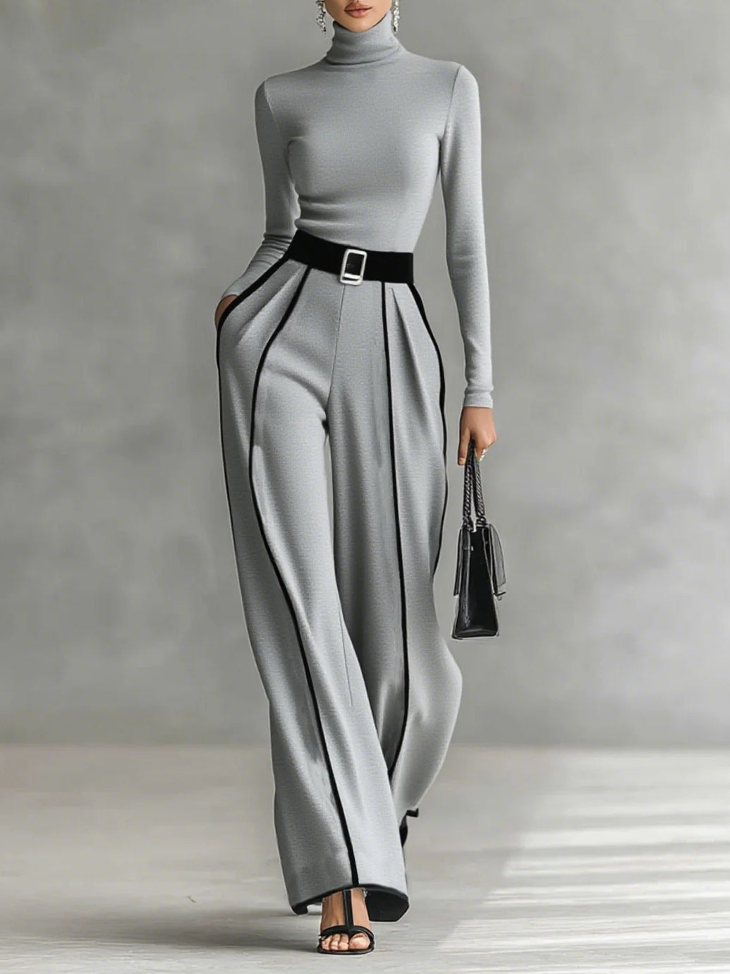 Amantine | Ensemble Haut Col Montant Liseré Noir et Pantalon Large