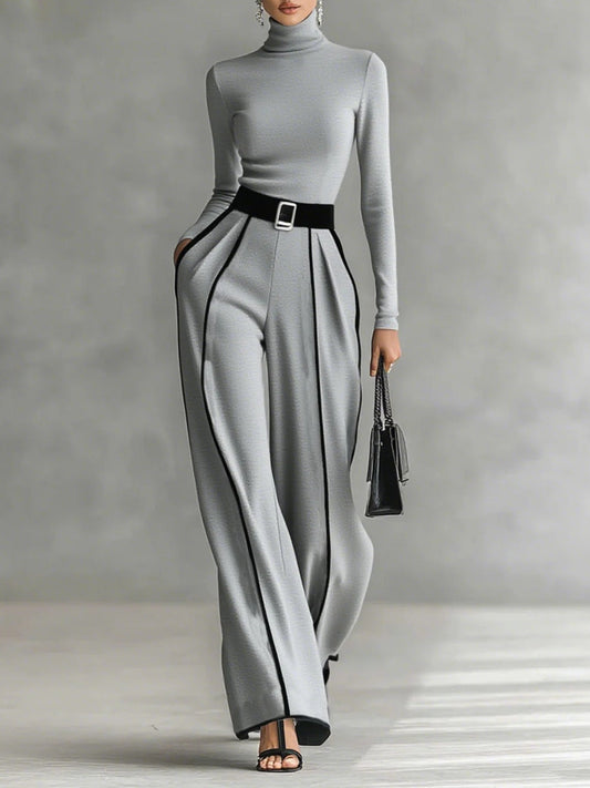 Amantine | Ensemble Haut Col Montant Liseré Noir et Pantalon Large
