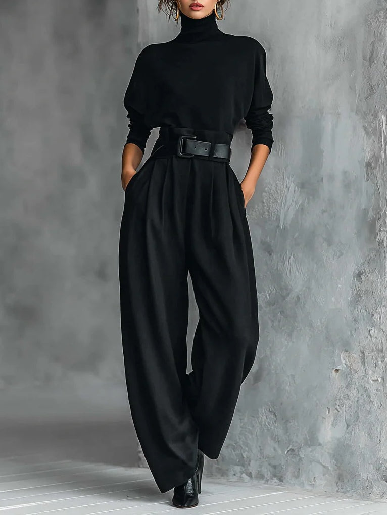 Ismène | Ensemble Tout Noir Col Roulé et Pantalon Droit