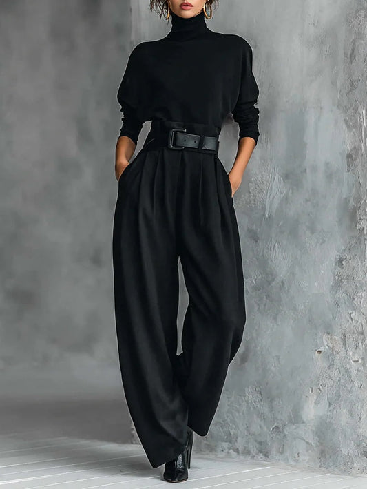 Ismène | Ensemble Tout Noir Col Roulé et Pantalon Droit