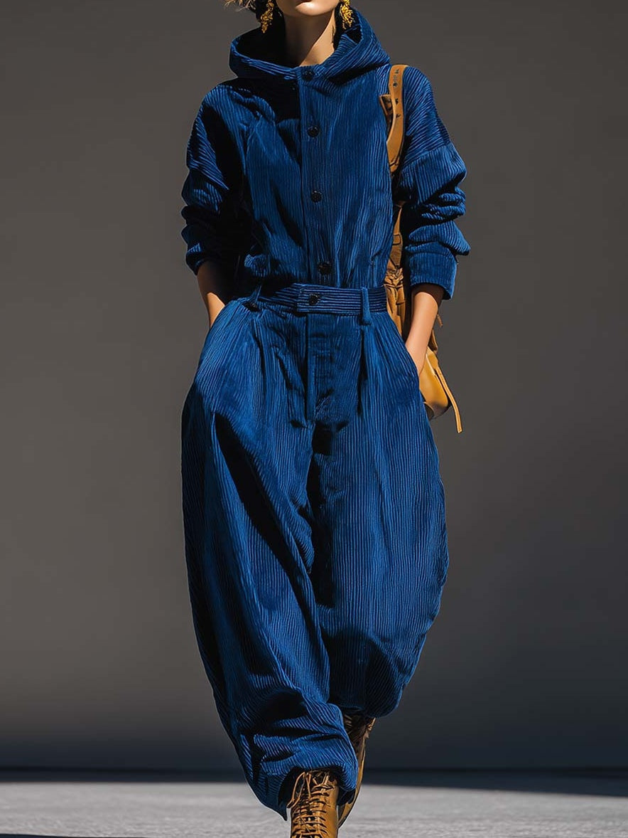 Émiline | Ensemble Haut à Capuche en Velours Côtelé Bleu et Pantalon Large