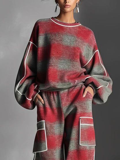 Lys | Ensemble Sweat Bicolore à Carreaux Rouge et Gris