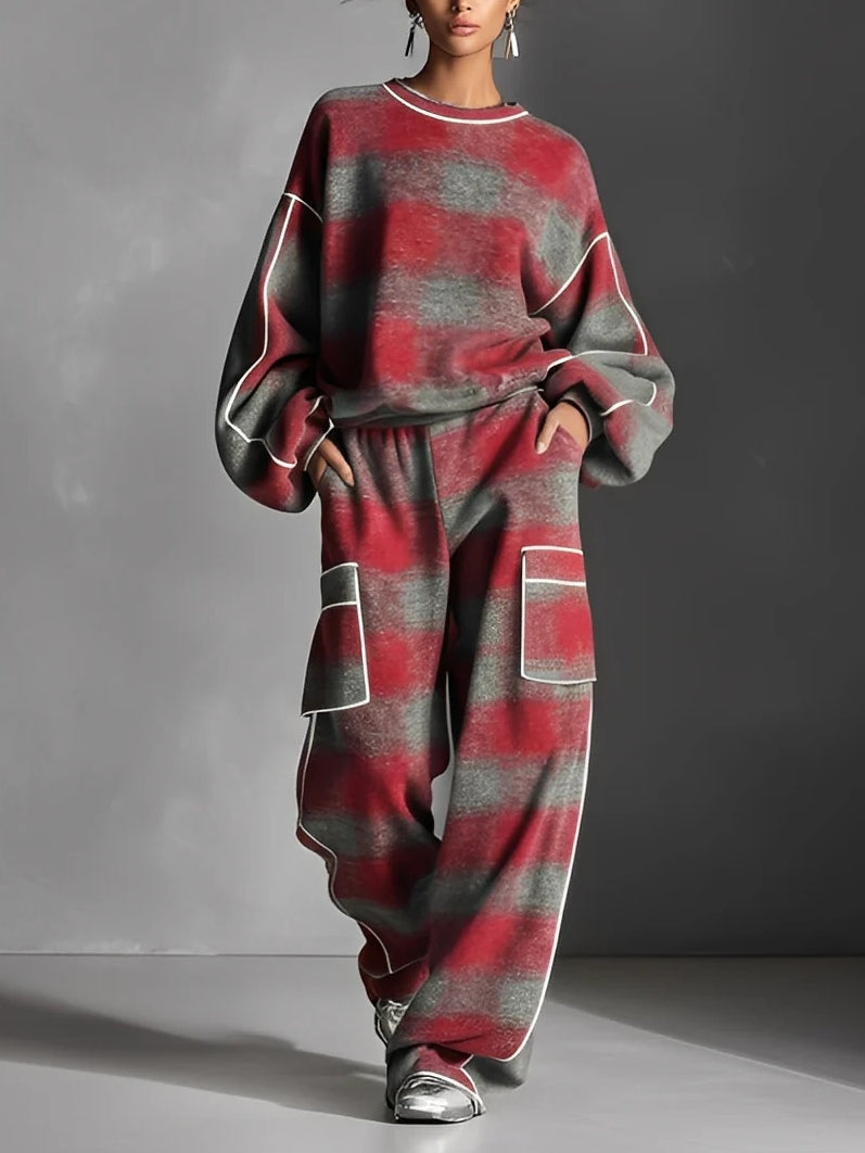 Lys | Ensemble Sweat Bicolore à Carreaux Rouge et Gris