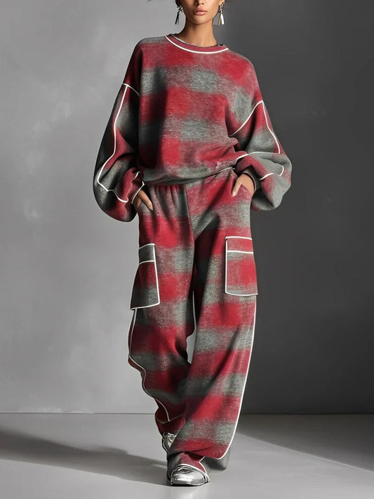 Lys | Ensemble Sweat Bicolore à Carreaux Rouge et Gris