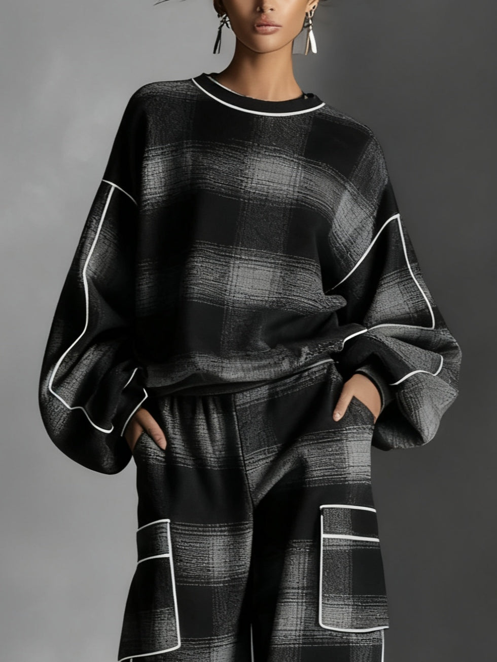 Perrette | Ensemble Sweat Bicolore à Carreaux Noir et Gris