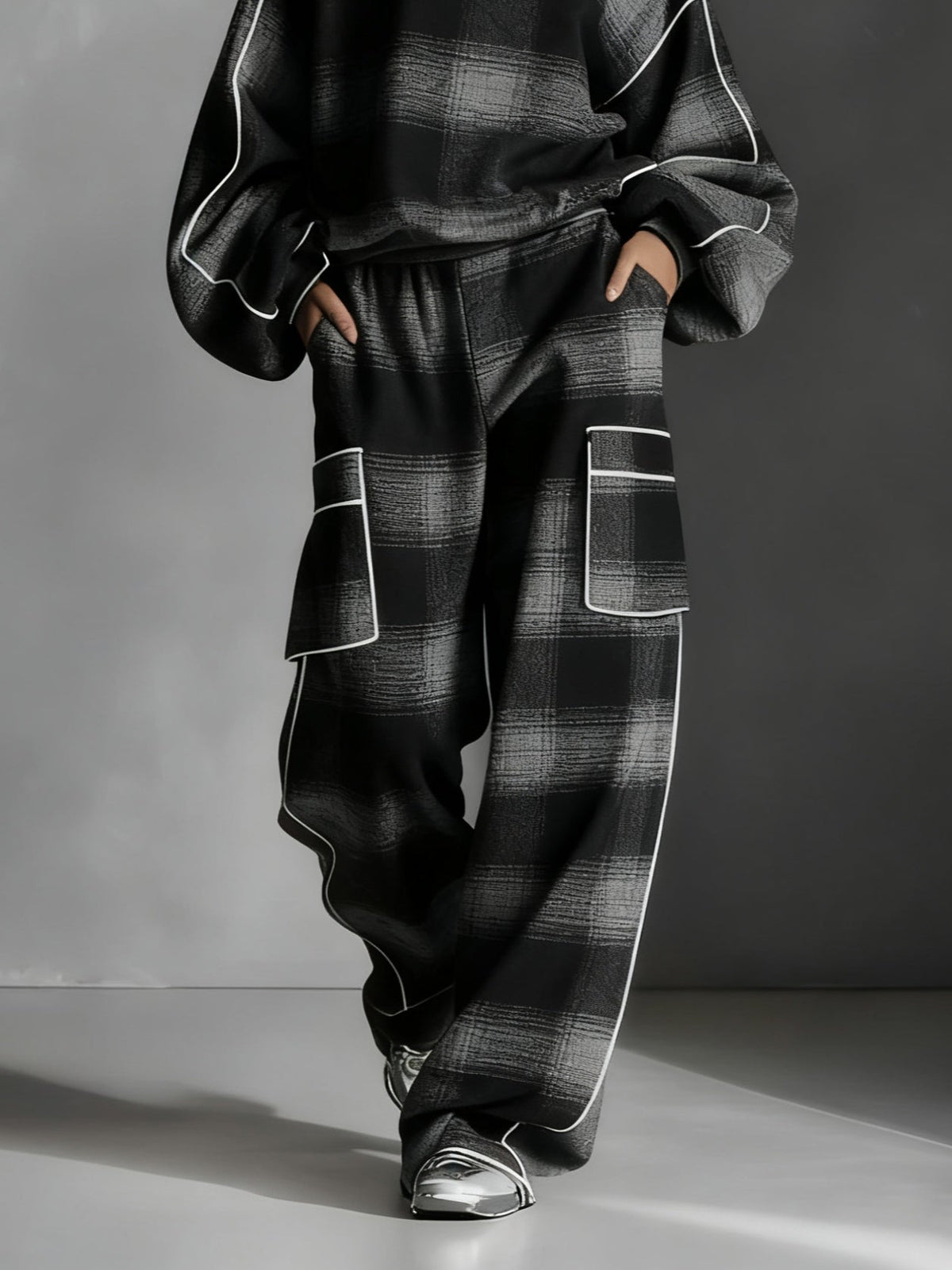Perrette | Ensemble Sweat Bicolore à Carreaux Noir et Gris