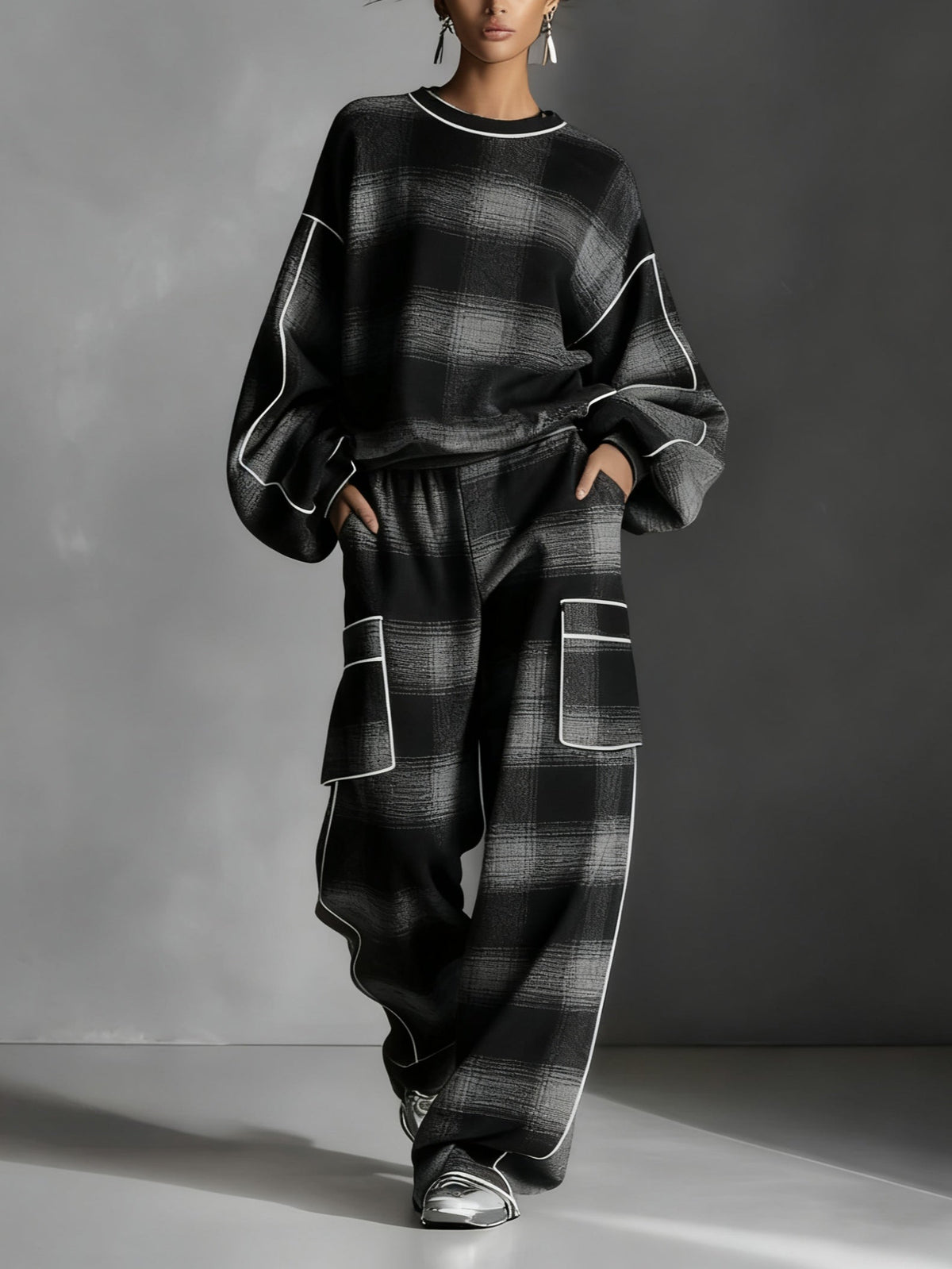 Perrette | Ensemble Sweat Bicolore à Carreaux Noir et Gris