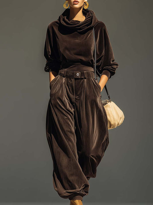 Fauvette | Ensemble Sweat à Capuche en Velours Marron Vintage et Pantalon Ample, Ceinture Incluse
