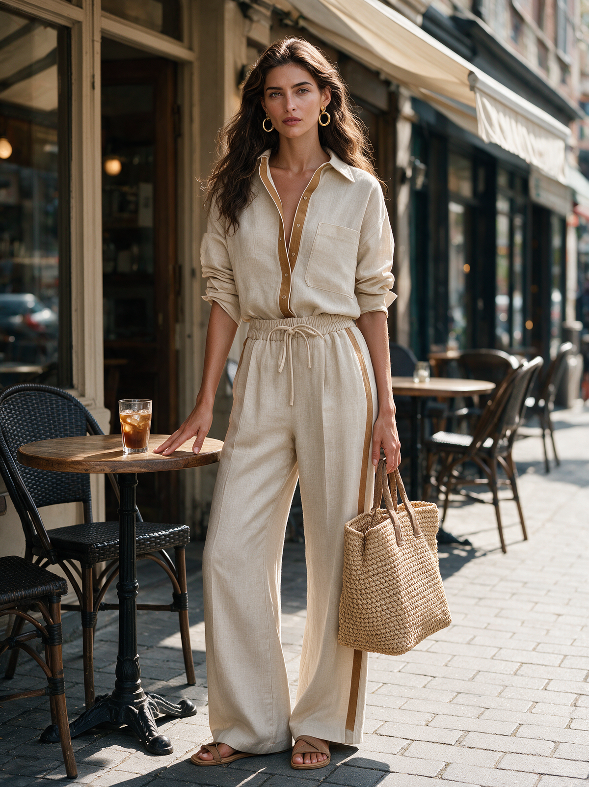 Ensemble Décontracté Chemise et Pantalon en Coton et Lin Kaki – Kaki