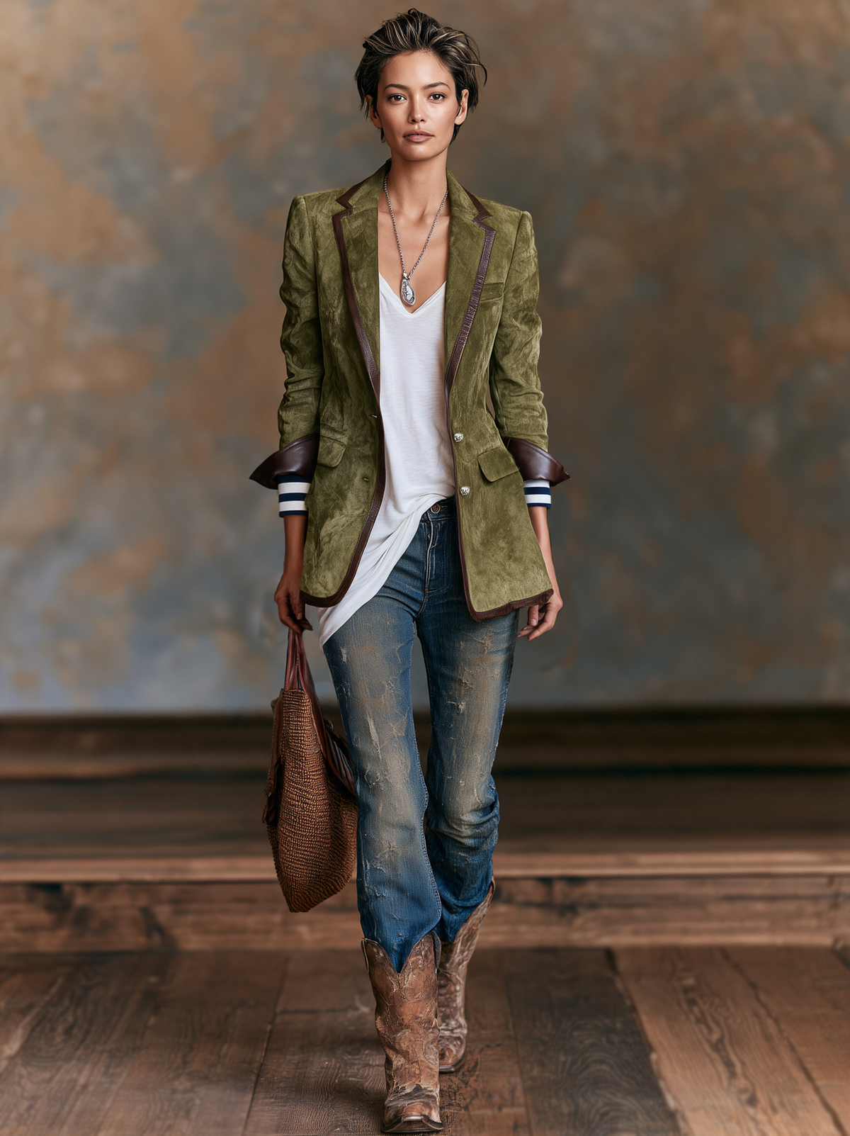 Blazer d'Inspiration Vintage en Suédine à Bordures en Similicuir Rouge – Vert Armée
