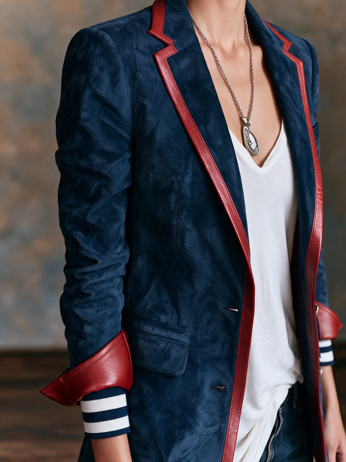 Blazer d'Inspiration Vintage en Suédine à Bordures en Similicuir Rouge – Vert Armée