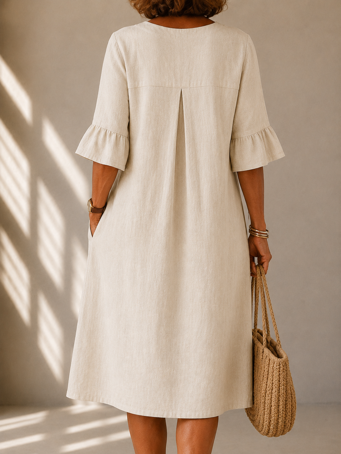 Lina | Robe Midi Évasée en Coton & Lin avec Poches