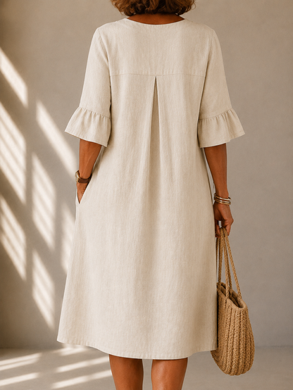Lina | Robe Midi Évasée en Coton & Lin avec Poches