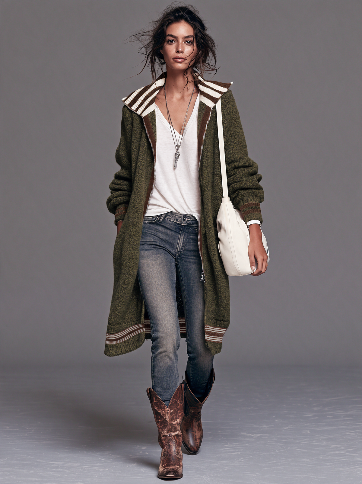 Cardigan Zippé Mi-Long Vintage à Rayures et Blocs de Couleurs – Vert Armée