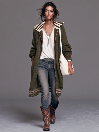Cardigan Zippé Mi-Long Vintage à Rayures et Blocs de Couleurs – Vert Armée