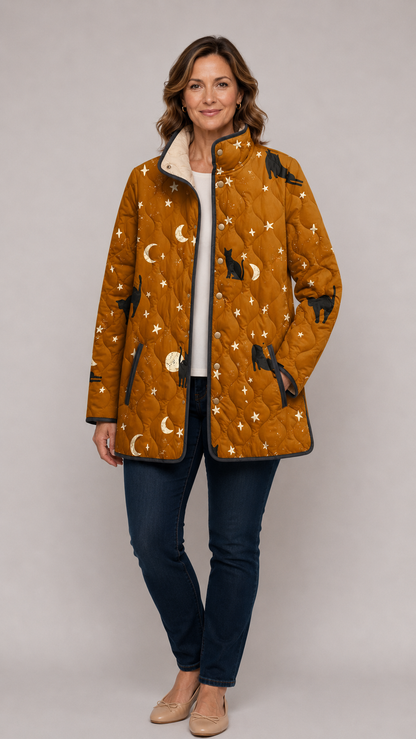 Malvina | Veste Matelassée Noire à Motif Chat