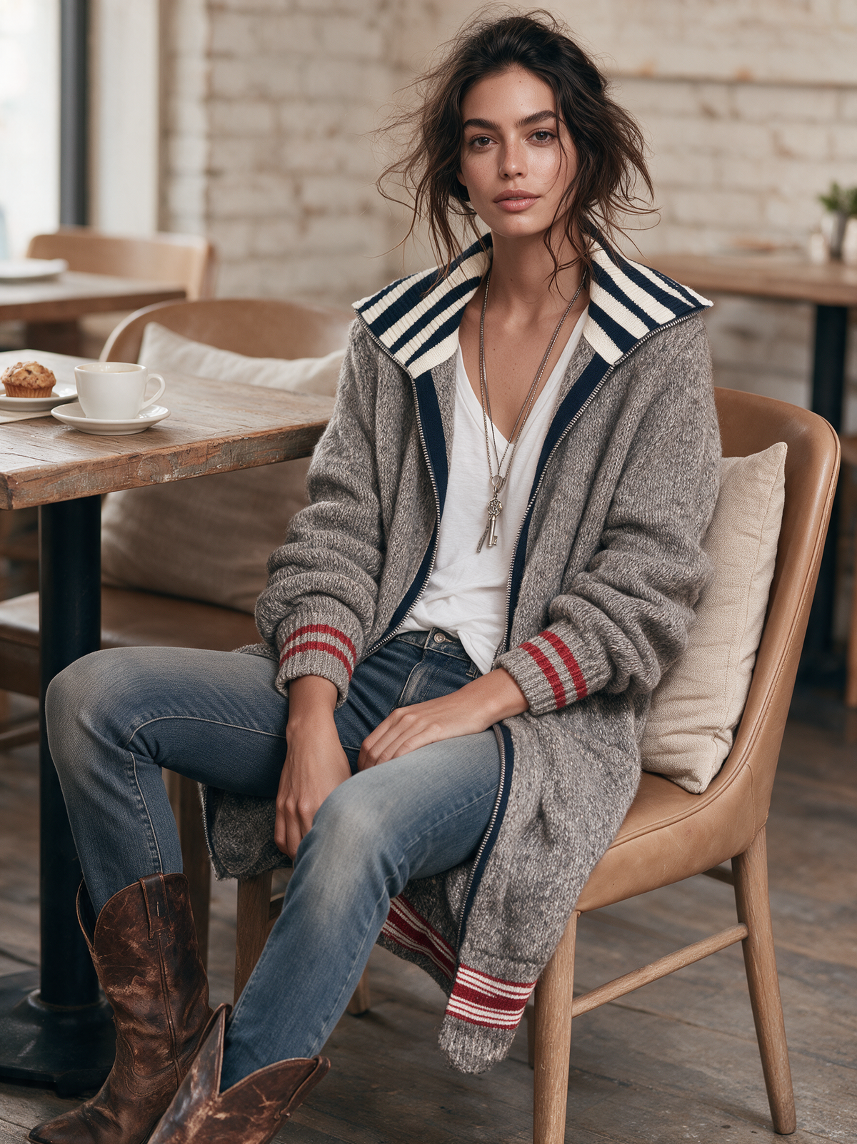Cardigan Zippé Mi-Long Vintage à Rayures et Blocs de Couleurs – Gris