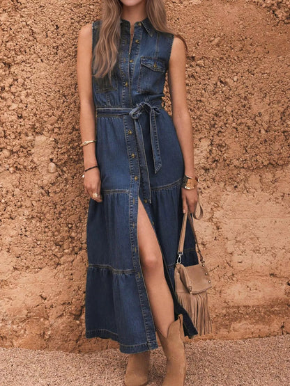 Robe Lilas en Jean à Boutons Devant