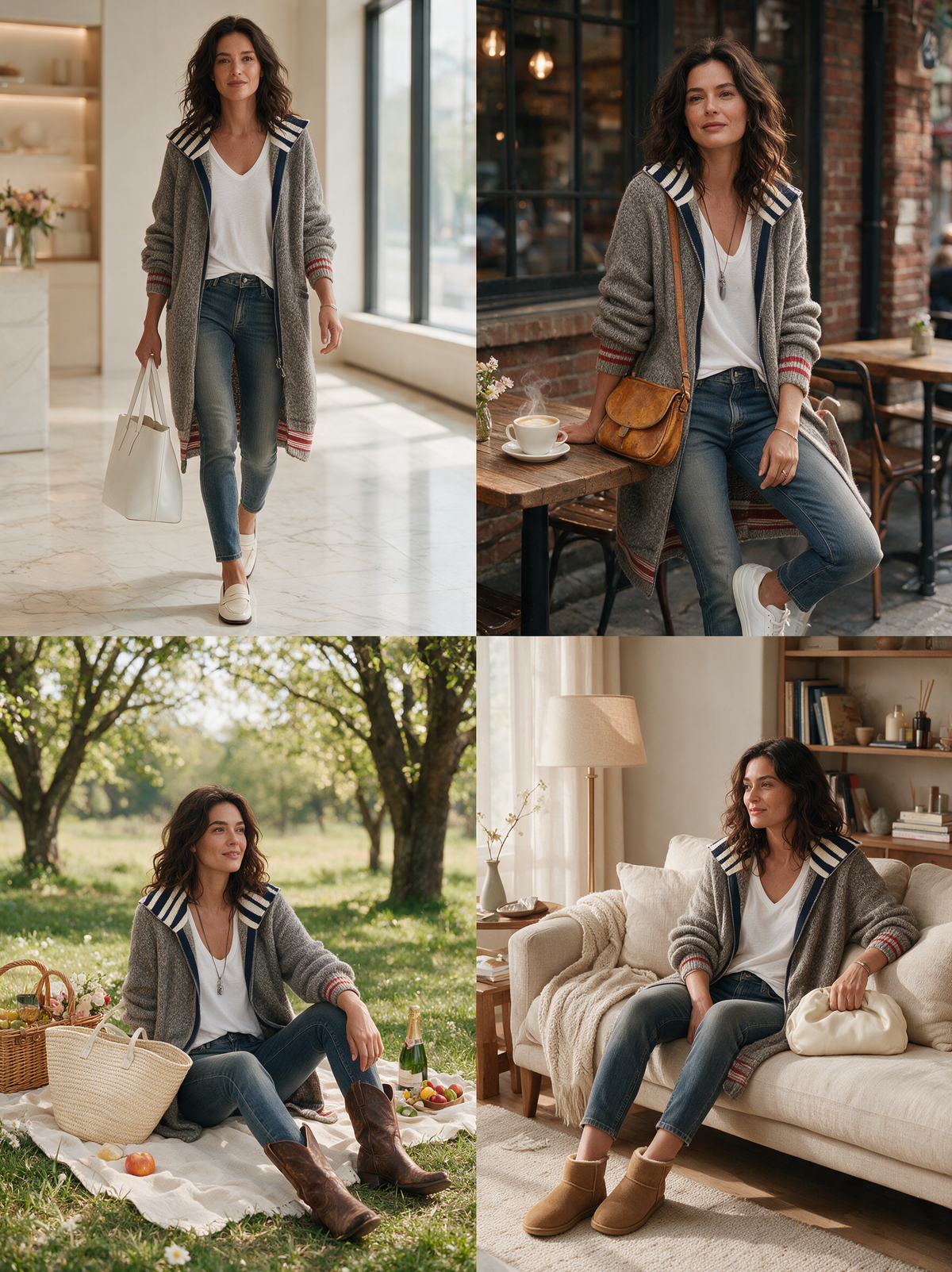 Cardigan Zippé Mi-Long Vintage à Rayures et Blocs de Couleurs – Bleu Marine