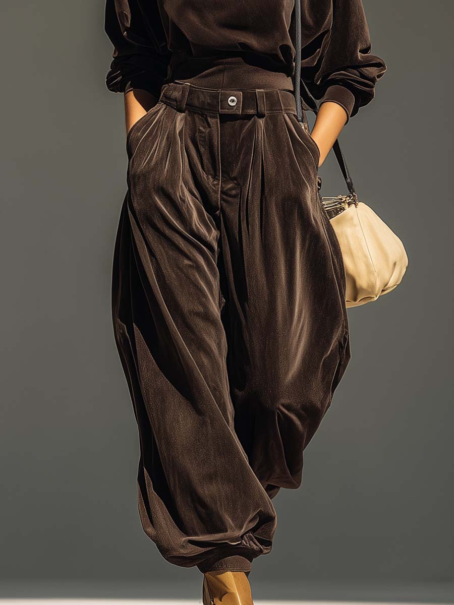 Fauvette | Ensemble Sweat à Capuche en Velours Marron Vintage et Pantalon Ample, Ceinture Incluse