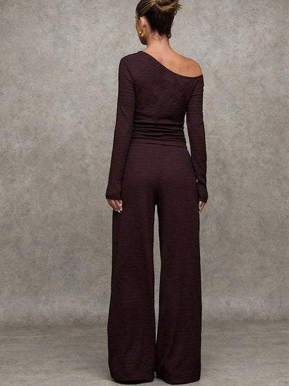 Émeraude | Ensemble Haut Épaules Dénudées et Pantalon Large Marron