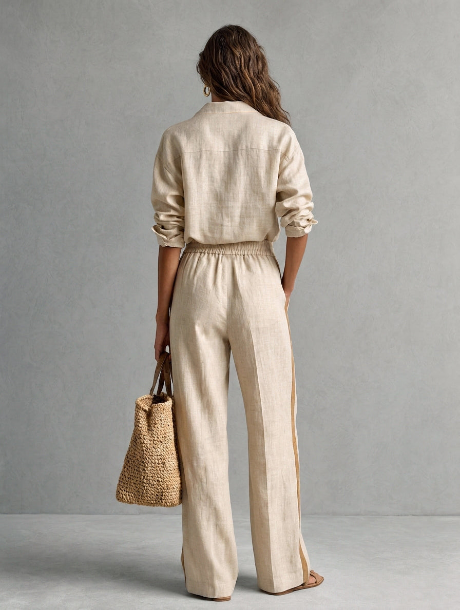 Ensemble Décontracté Chemise et Pantalon en Coton et Lin Kaki – Kaki