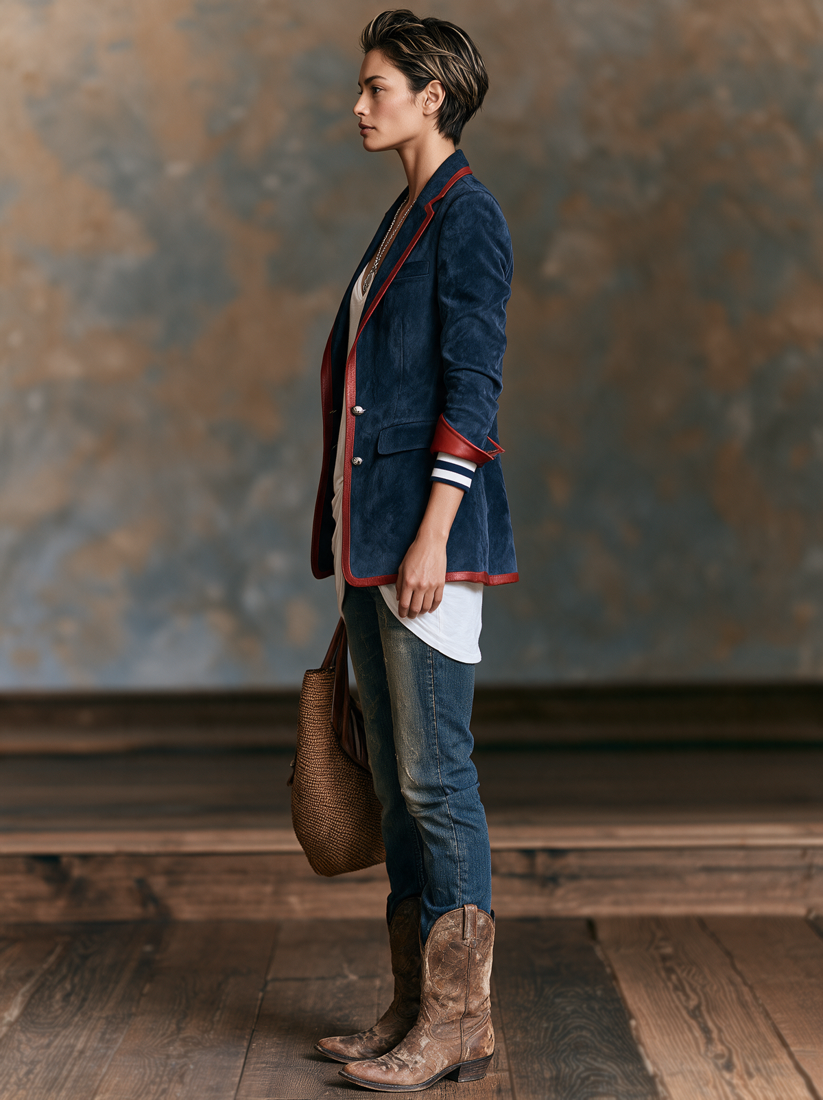 Blazer d'Inspiration Vintage en Suédine à Bordures en Similicuir Rouge – Bleu