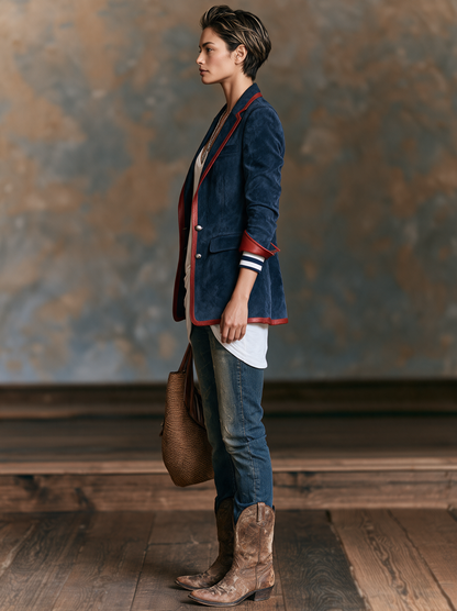 Blazer d'Inspiration Vintage en Suédine à Bordures en Similicuir Rouge – Bleu