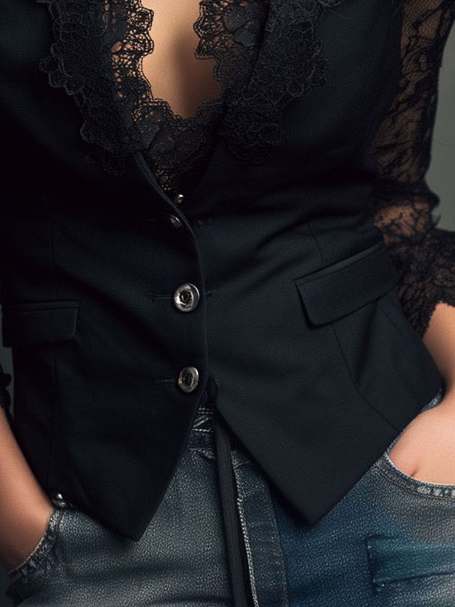 Naoline | Haut Blazer Noir à Manches Semi-Transparentes