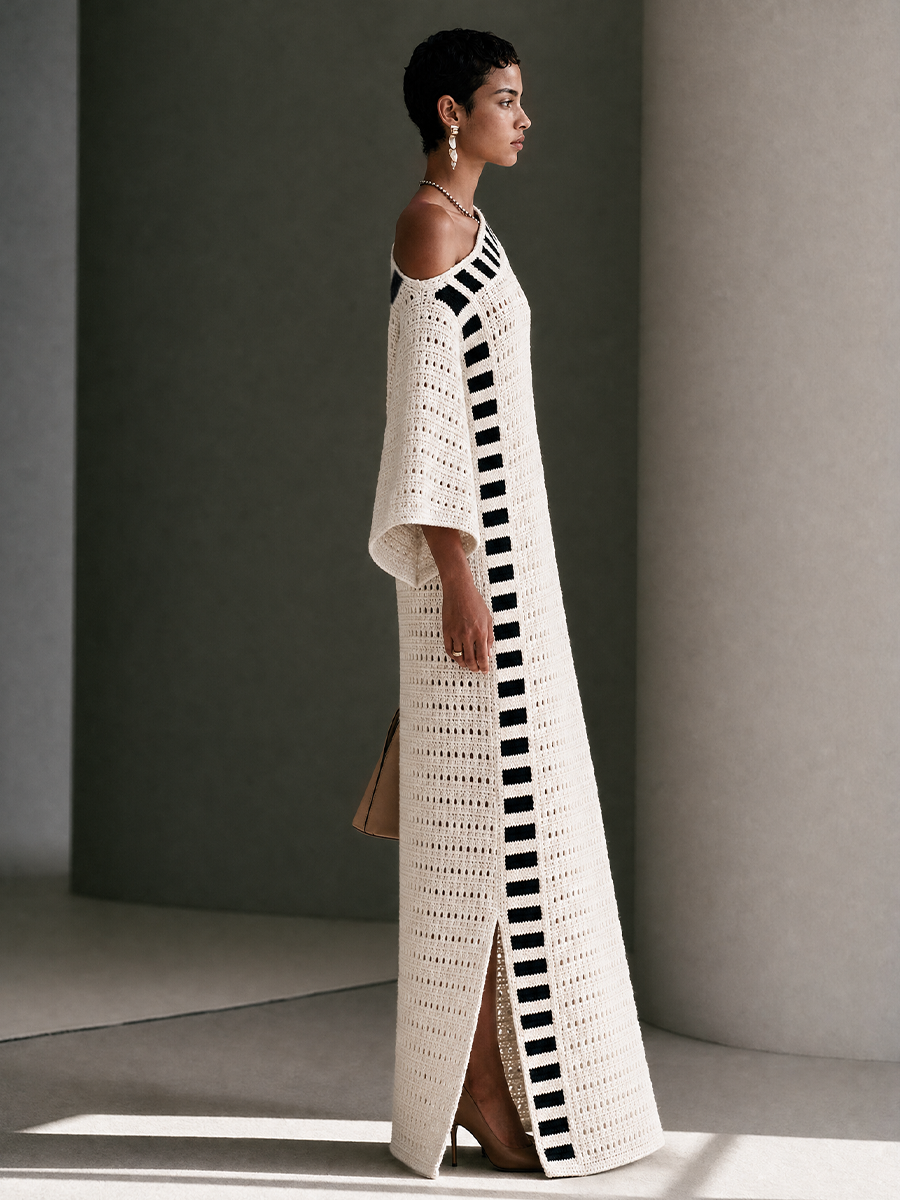 Robe Longue Bohème Ajourée Rayée en Maille à Épaules Dénudées