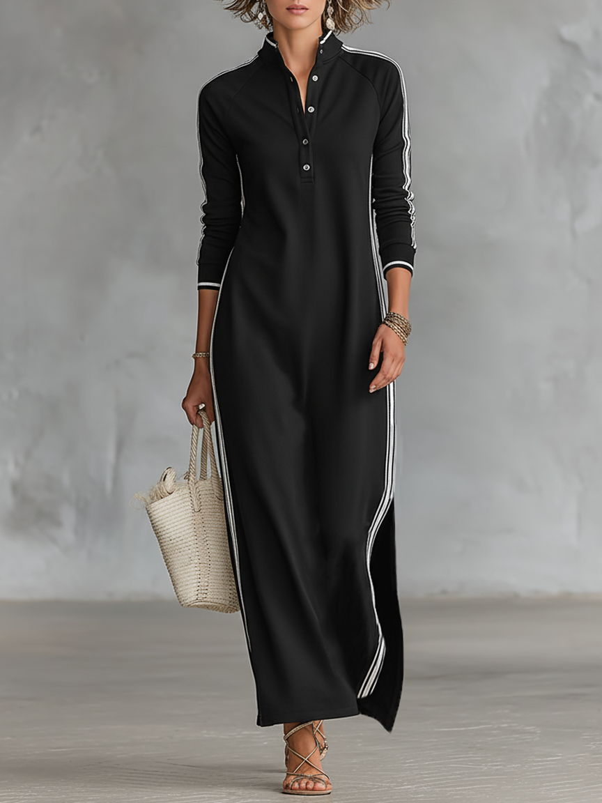 Robe Longue Sweat Minimaliste à Col Boutonné et Liserés Blancs – Noir