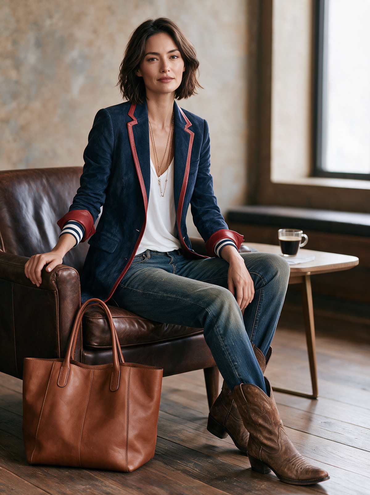 Blazer d'Inspiration Vintage en Suédine à Bordures en Similicuir Rouge – Bleu