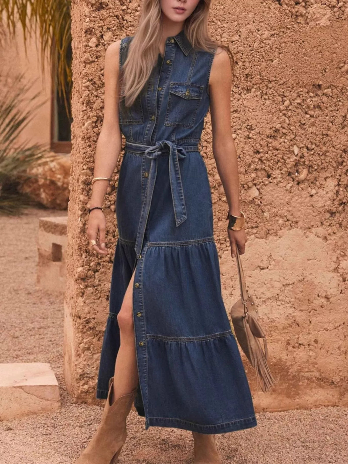 Robe Lilas en Jean à Boutons Devant