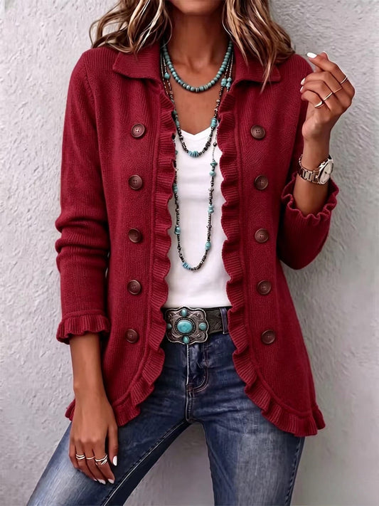 Sabine | Veste en Maille Rouge Rubis à Volants