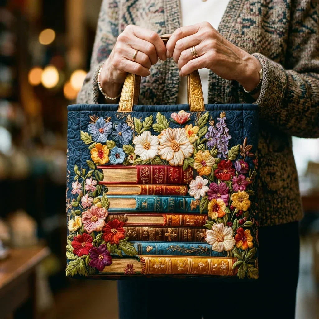 Sac Tote Matelassé – Imprimé Floral et Livres