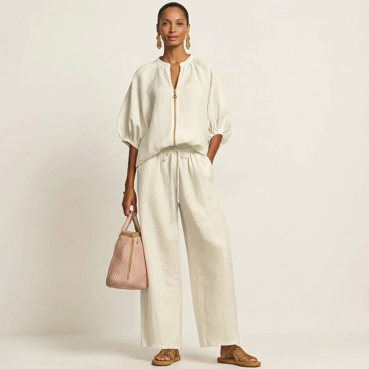 Miriam | Ensemble Chic en Lin Top Manches Bouffantes & Pantalon Palazzo