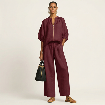 Miriam | Ensemble Chic en Lin Top Manches Bouffantes & Pantalon Palazzo