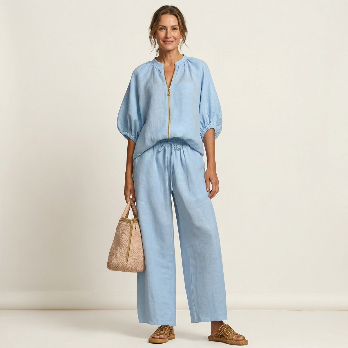 Miriam | Ensemble Chic en Lin Top Manches Bouffantes & Pantalon Palazzo