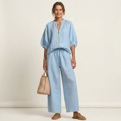 Miriam | Ensemble Chic en Lin Top Manches Bouffantes & Pantalon Palazzo